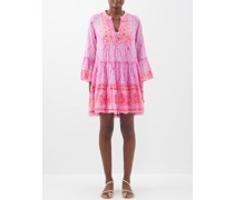 Mirror-embellished Mosaic-print Cotton Mini Dress