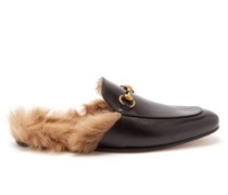Princetown Wool-trimmed Leather Backless Loafers