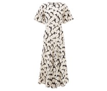 Godet Short-sleeve Falling Leaves Print Silk Dress