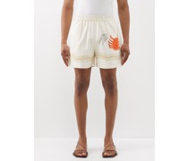 Crab-print Elasticated-waist Cotton Shorts