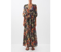 Chrysanthemum Print Elasticated-waist Silk Dress