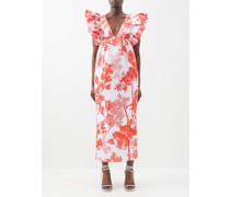 Metvi Orchid-print Ruffled Taffeta Dress