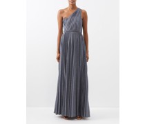 One-shoulder Pleated Lamé-jersey Gown