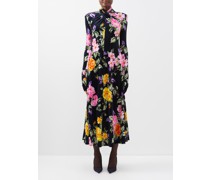 Floral-print Gloved-sleeve Velvet Dress