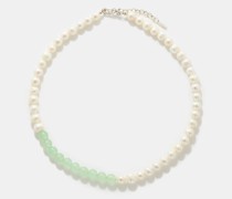 Pearl, Jade & Platinum-plated Silver Necklace