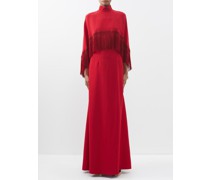 Caped Fringe-trim Cady-crepe Gown