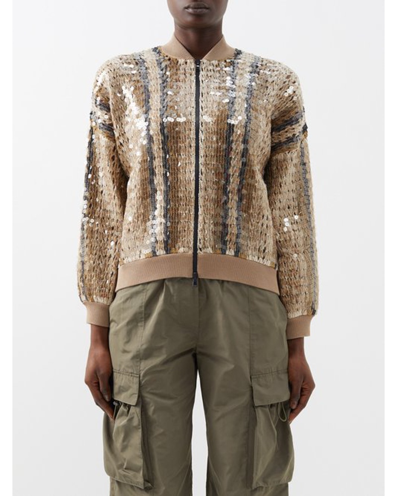 Brunello Cucinelli Damen Sequinned Striped-knit Bomber Jacket