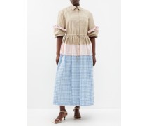 Peek-a-boo Technical And Gingham Midi Dress