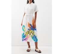 Tropical Road Trip Embroidered-cotton Shirt Dress