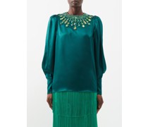 Crystal-embellished Silk-blend Satin Blouse