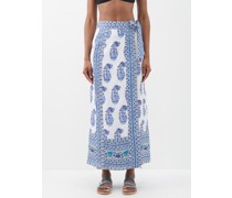 Mar Block-printed Linen Wrap Skirt