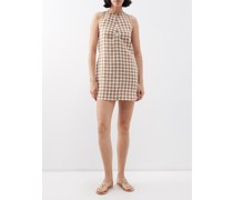 Antigua Halterneck Check-linen Mini Dress