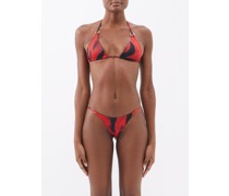 Ring-embellished Queen-print Bikini Top