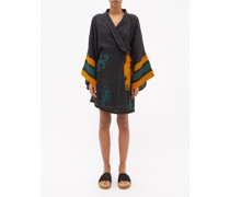 Dancing Heron Floral-appliqué Linen Wrap Dress