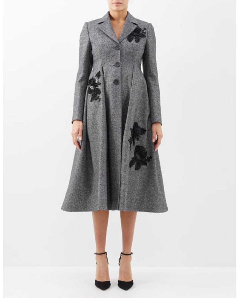 Erdem Damen Stephanie Floral-appliqué Wool-blend Flared Coat