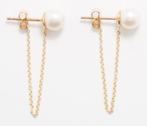 Chain-embellished Pearl & 14kt Gold Stud Earrings