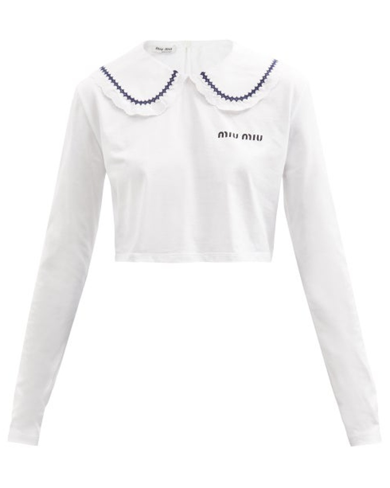 Miu Miu Damen Peter Pan-collar Cotton Long-sleeved T-shirt