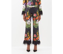 Eden Feather-trim Printed Silk-twill Trousers