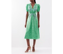 Lea Floral-embroidery Silk-satin Midi Dress