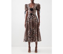 Leopard-print Puff-sleeve Silk Midi Dress
