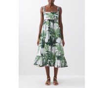 Palm-print Cotton Midi Dress