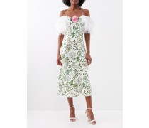 Floral-appliqué Ruffled-trim Printed Silk Dress