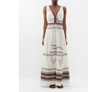 Nellie V-neck Desert-embroidered Linen-blend Dress