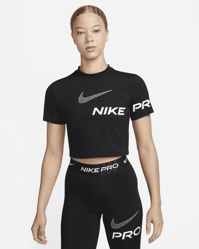 Nike Damen Nike Pro Dri-FIT kurzärmeliges Kurz-Traininsoberteil mit Grafik für Damen Schwarz