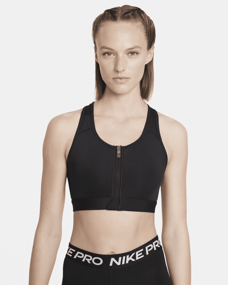 Nike Damen Nike Swoosh gepolsterter Sport-BH mit mittlerem Halt und Reißverschluss vorne für Damen Schwarz