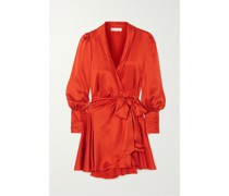 Mini-wickelkleid aus Seidensatin mit Volant