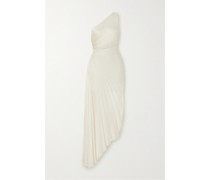 Delfina Asymmetrisches, Schulterfreies Maxikleid aus Plissiertem Satin