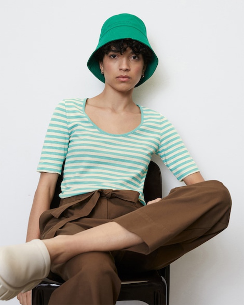 Marc O'Polo Damen Ringel-T-Shirt mit tiefem Rundhalsausschnitt regular