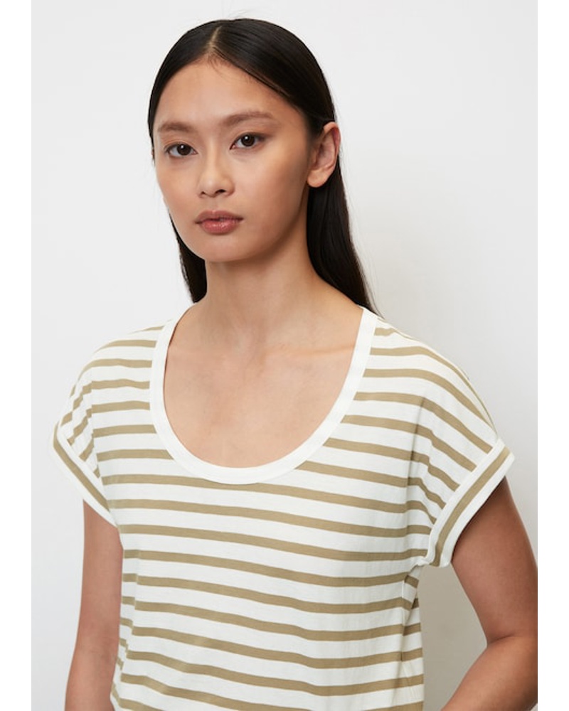 Marc O'Polo Damen Streifen-T-Shirt mit angeschnittenen Ärmeln