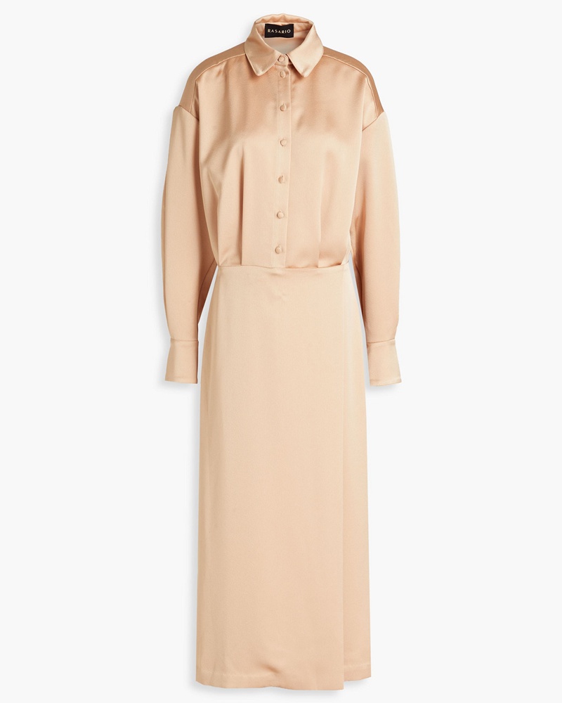 RASARIO Damen Plissiertes Midi-Wickelkleid aus glänzendem Crêpe
