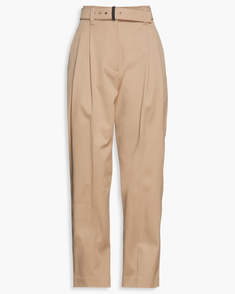 Brunello Cucinelli Damen Plissierte Karottenhose aus Twill aus einer Baumwollmischung mit Zierperlen