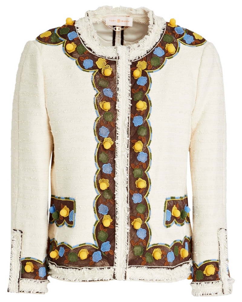 Tory Burch Damen Jacke aus Bouclé-Tweed aus einer Baumwollmischung mit Stickereien