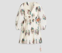 Plissiertes Minikleid aus Organza mit floralem Print und Gürtel 0