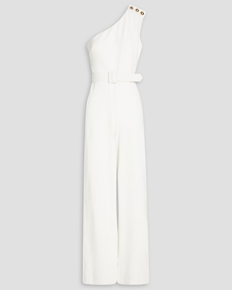 Badgley Mischka Damen Jumpsuit mit weitem Bein aus Crêpe mit Gürtel und asymmetrischer Schulterpartie