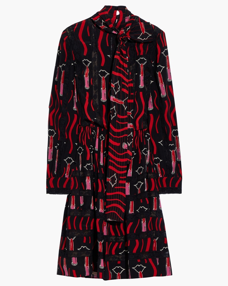 Valentino Garavani Damen Plissiertes Minikleid aus bedrucktem Crêpe de Chine aus Seide mit Bindedetail und Spitzenbesatz