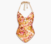 Neckholder-Badeanzug mit floralem Print und Knotendetail 0