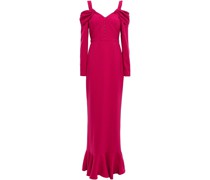 Cold-shoulder fluted gathered stretch-crepe gown