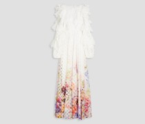 Robe aus lasergeschnittener Gaze mit floralem Print und Raffung 00