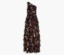Gestufte Robe aus Devoré-Satin mit floralem Print und asymmetrischer Schulterpartie