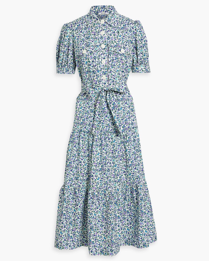 Derek Lam Damen Gestuftes Hemdkleid aus Popeline aus einer Baumwollmischung inMidilänge mit floralem Print