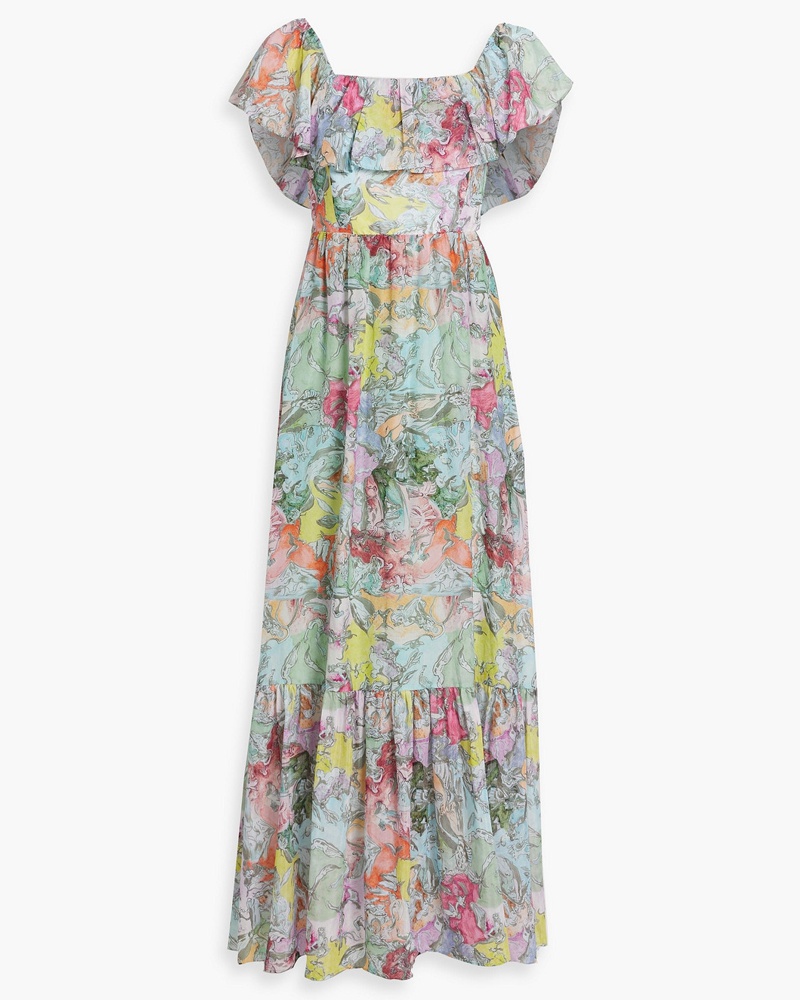 Alice + Olivia Damen Alice OliviaTempie bedrucktes Maxikleid aus Voile aus einer Baumwoll-Seidenmischung mit Rüschen