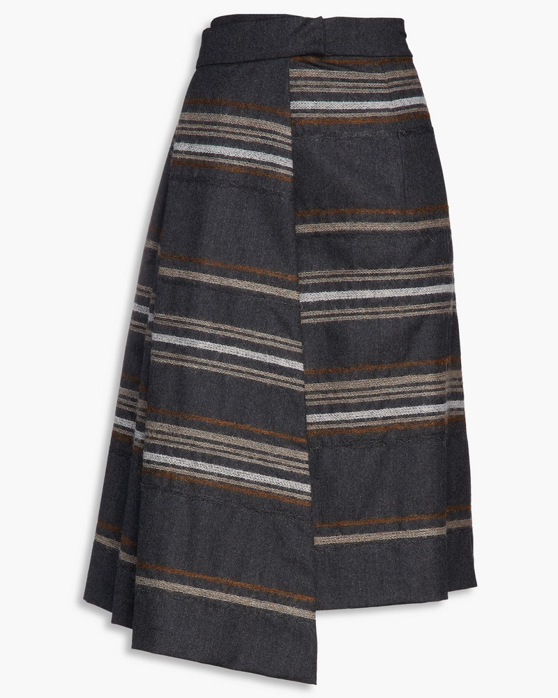 Brunello Cucinelli Damen Plissierter Midi-Wickelrock aus Wolle mit Streifen und Stickereien