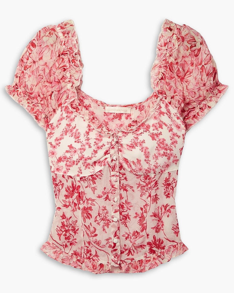 LoveShackFancy Damen Bryant schulterfreies Oberteil aus Seidenkrepon mit floralem Print und Rüschen