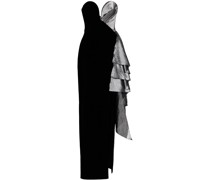 Trägerlose Robe aus Samt mit Rüschen und Lamé-Einsatz