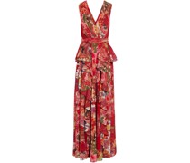 Bedrucktes Maxikleid aus Chiffon mit Falten und Rüschen