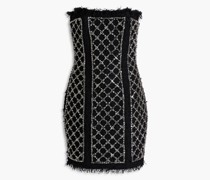 Trägerloses Minikleid aus Tweed mit Kristallverzierung und Fransen